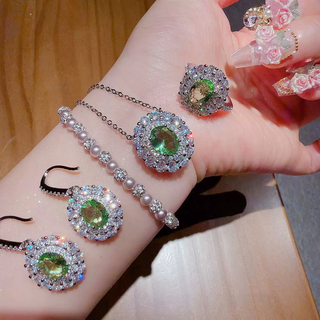 Peridot-Tone Scalloped Double Halo Jewelry Set