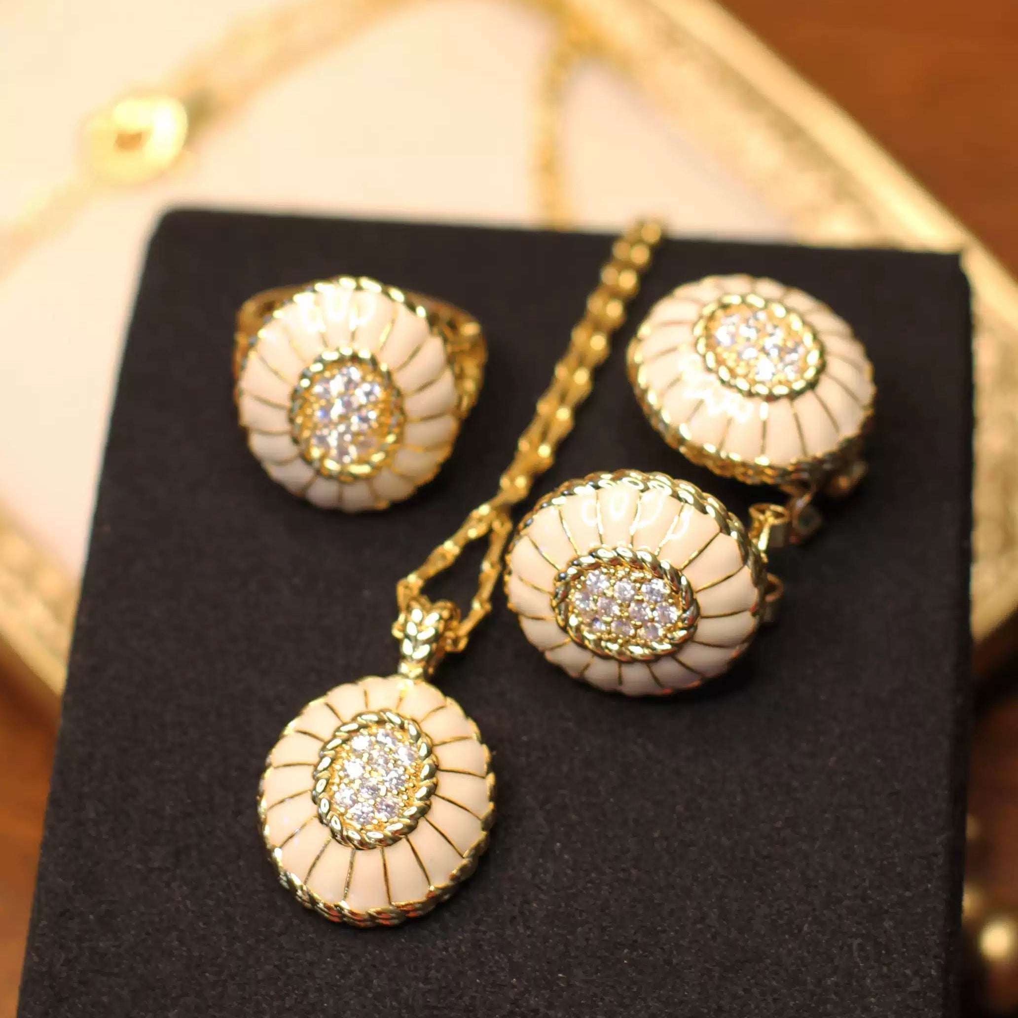Vintage Cream Enamel Pavé Jewelry Set
