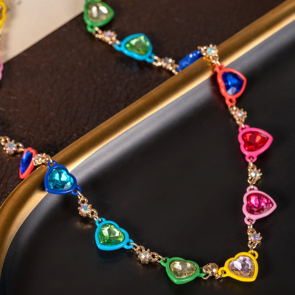 Rainbow Heart Rhinestone Y2K Necklace