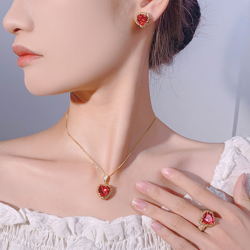 Ruby Red Heart Halo Jewelry Set