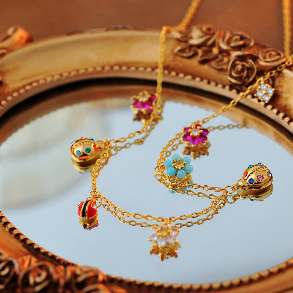 Dainty Ladybug Flower Necklace & Bracelet Set