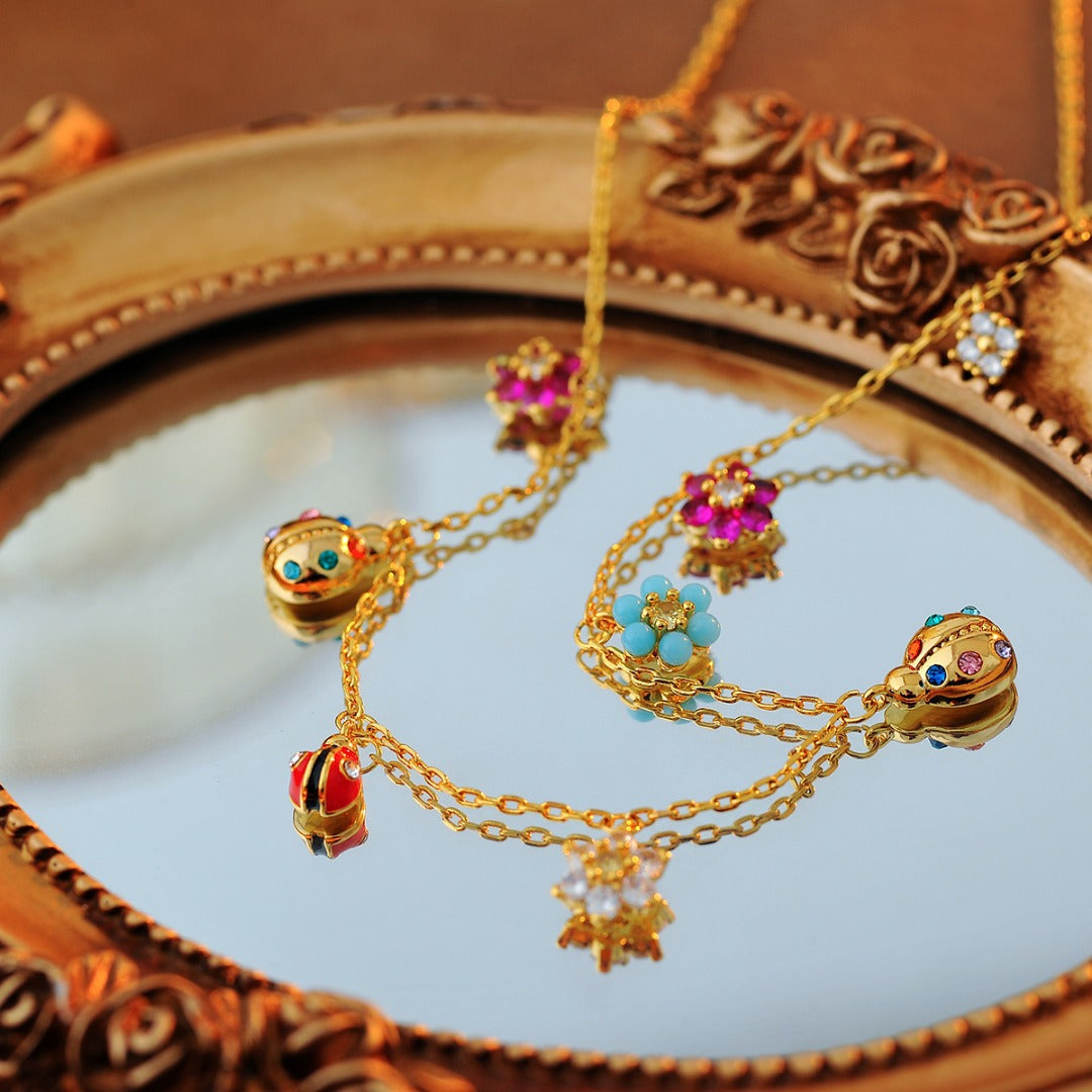 Dainty Ladybug Flower Necklace & Bracelet Set