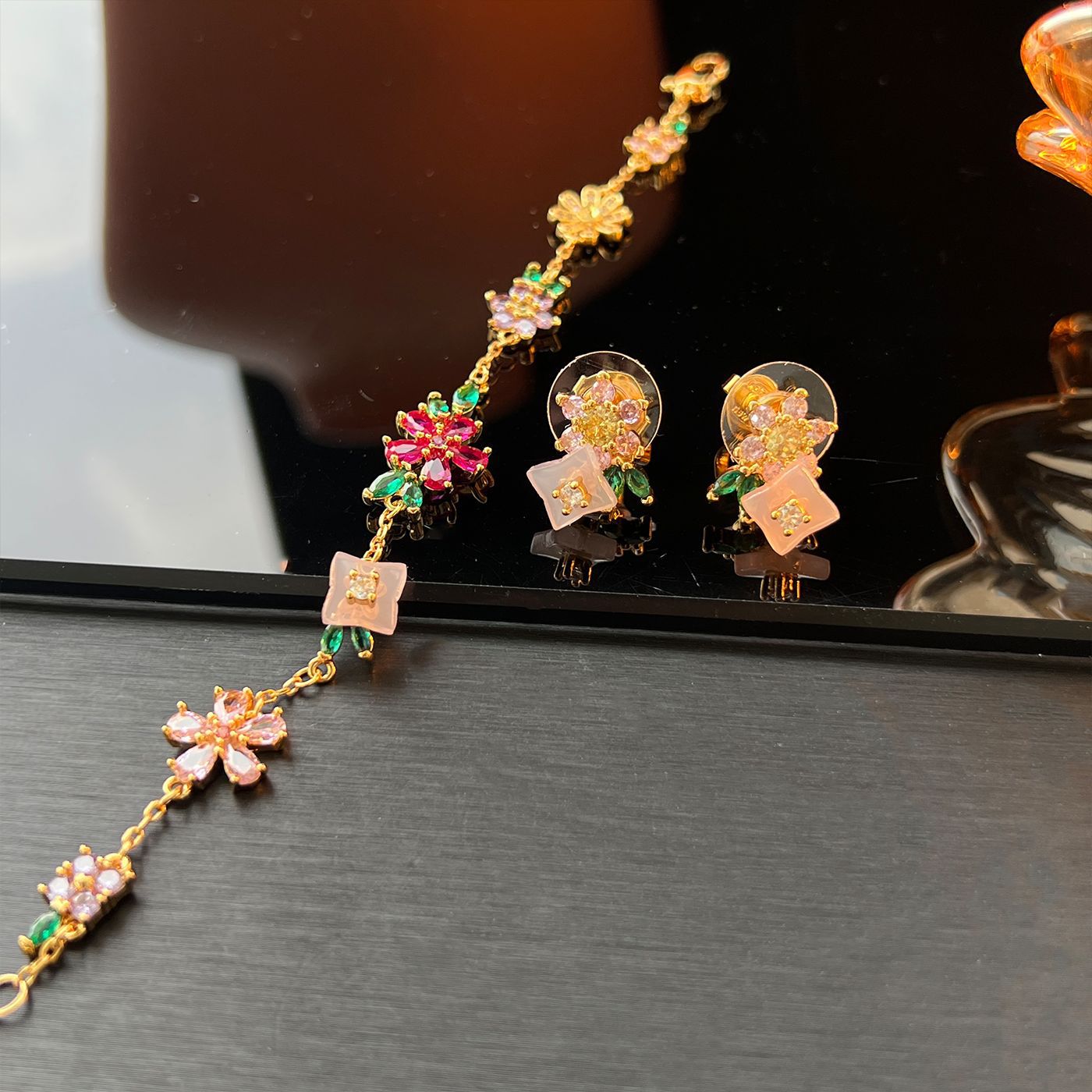 Delicate Floral Bracelet Stud Earrings Set