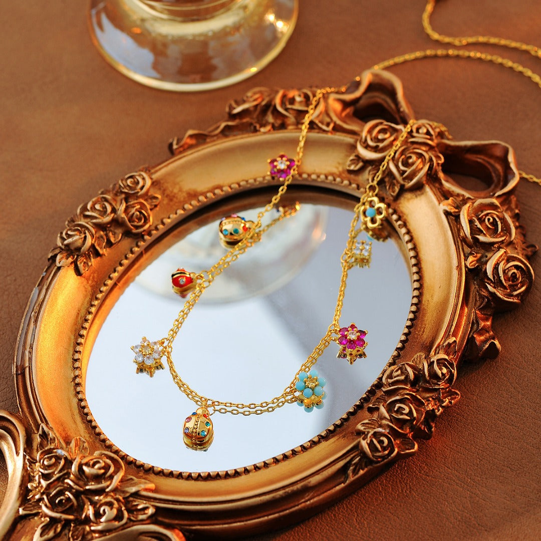 Dainty Ladybug Flower Necklace & Bracelet Set