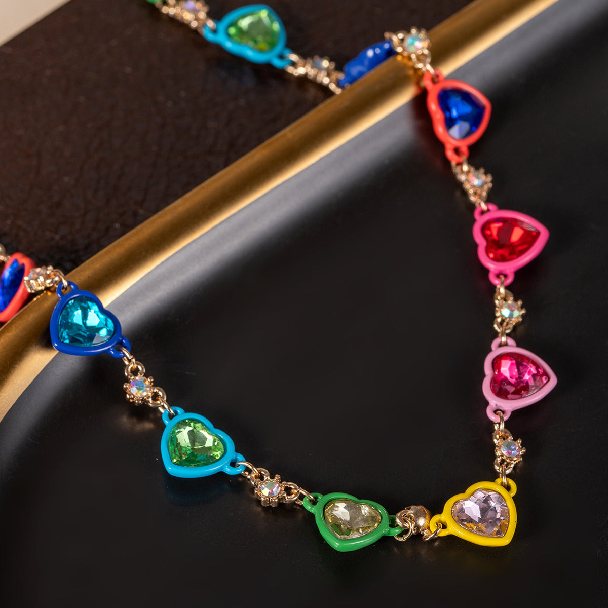 Rainbow Heart Rhinestone Y2K Necklace