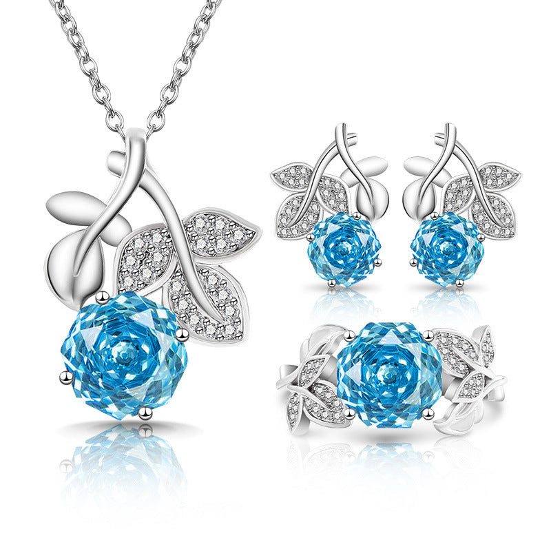 Eternal Blossom Rose 18K Gold Plated Floral Necklace Earrings Ring