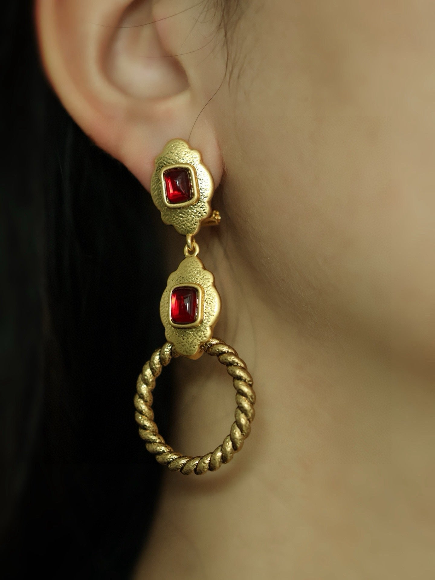 Vintage Engraved Bold Rope Twist Brass Bangle Earrings Ring