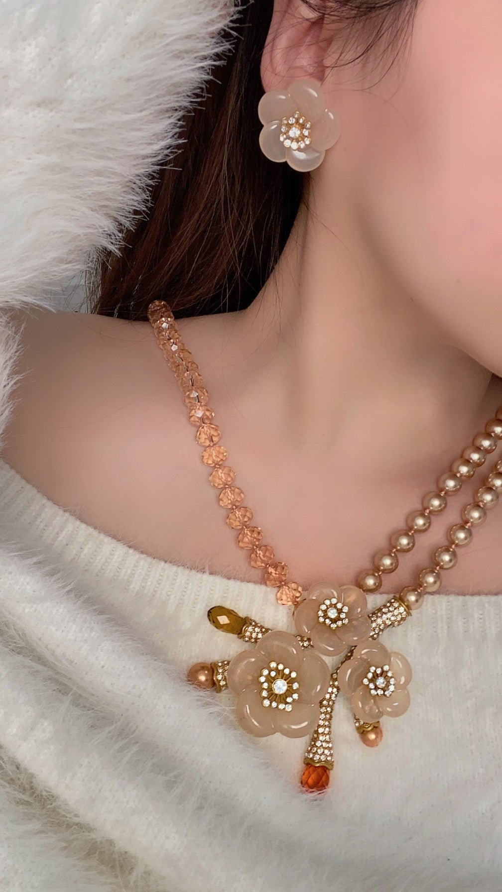 Vintage Champagne Camellia Pearl Statement Jewelry Set