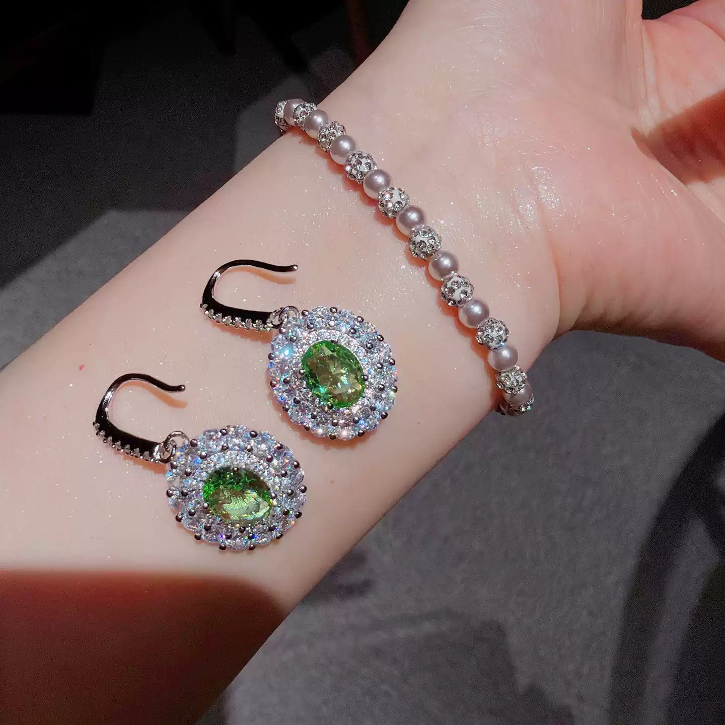 Peridot-Tone Scalloped Double Halo Jewelry Set