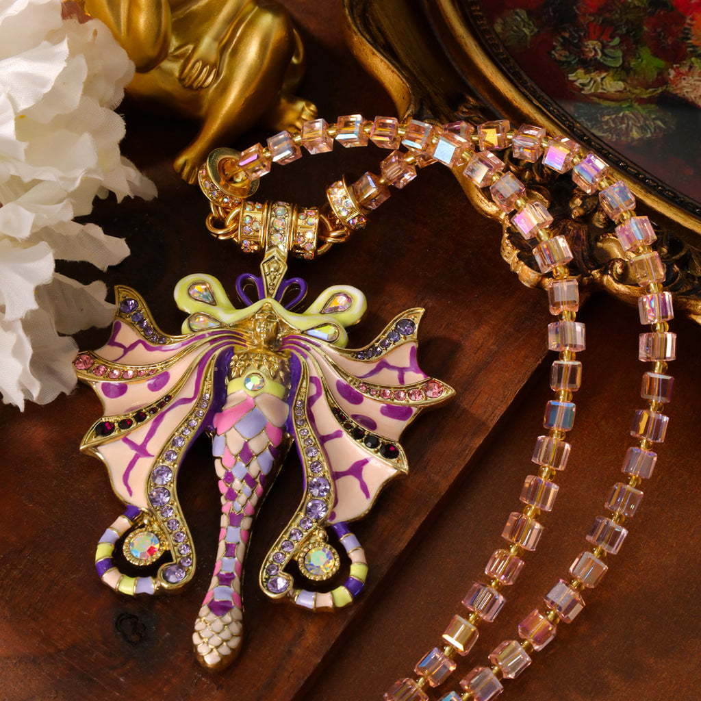 Vintage Pastel Butterfly Fairy Hand-Painted Enamel Pendant Necklace