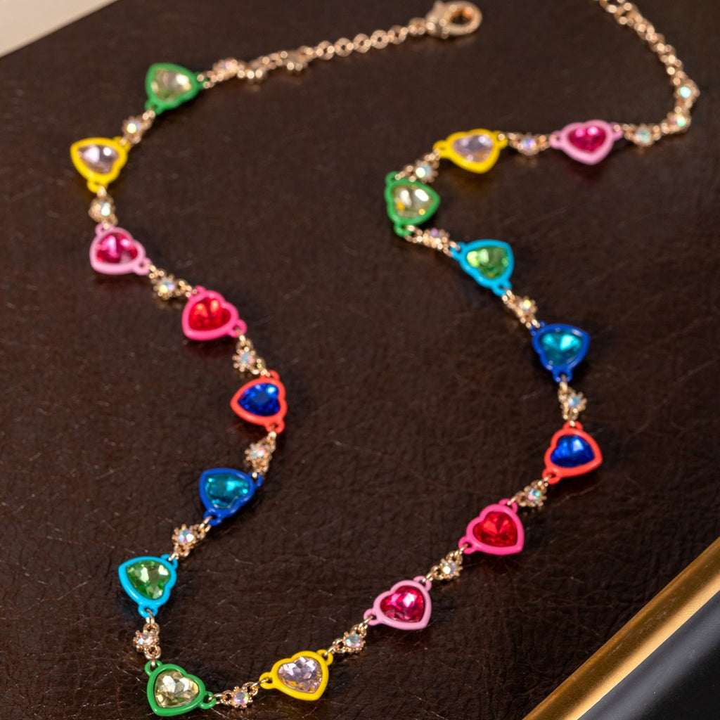 Rainbow Heart Rhinestone Y2K Necklace