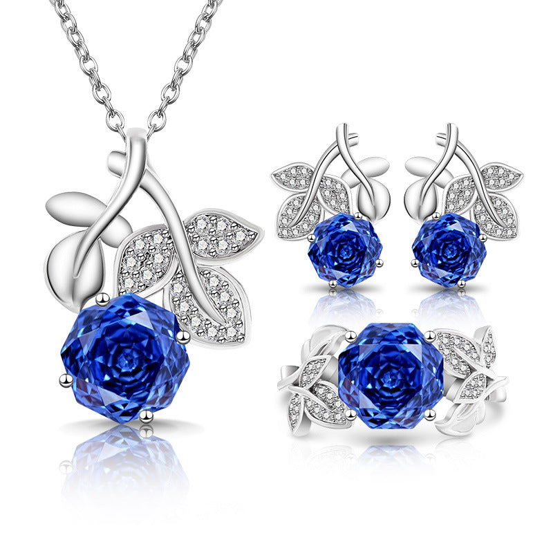 Eternal Blossom Rose 18K Gold Plated Floral Necklace Earrings Ring