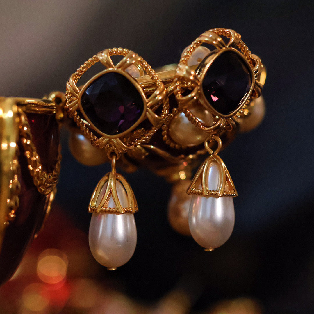 Vintage 22K Gold-Plated Pearl Long Necklace Earrings Ring