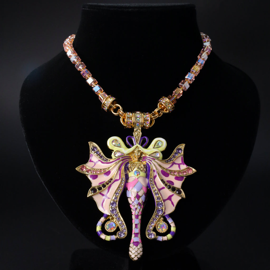Vintage Pastel Butterfly Fairy Hand-Painted Enamel Pendant Necklace