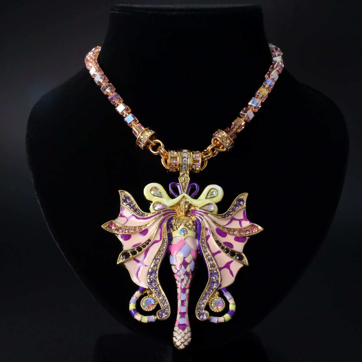 Vintage Pastel Butterfly Fairy Hand-Painted Enamel Pendant Necklace