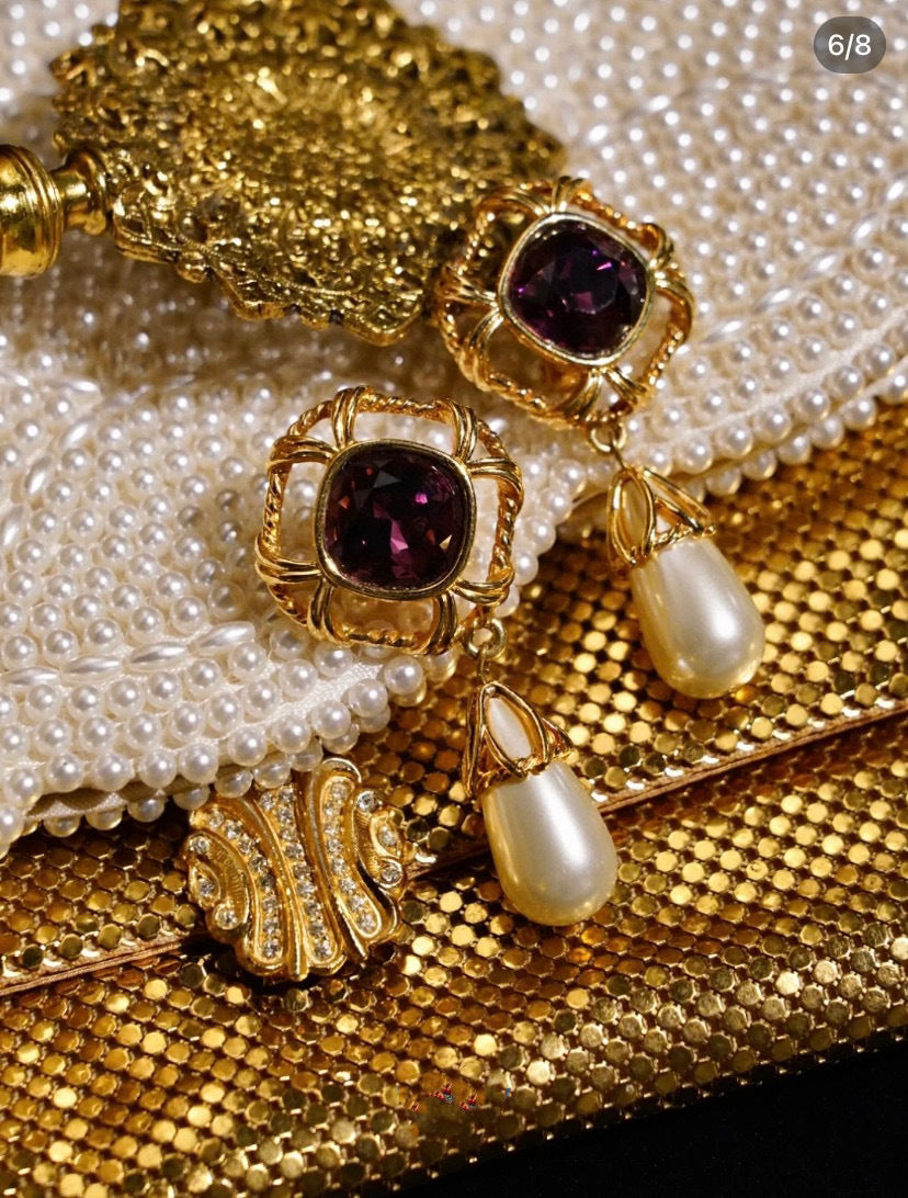 Vintage 22K Gold-Plated Pearl Long Necklace Earrings Ring