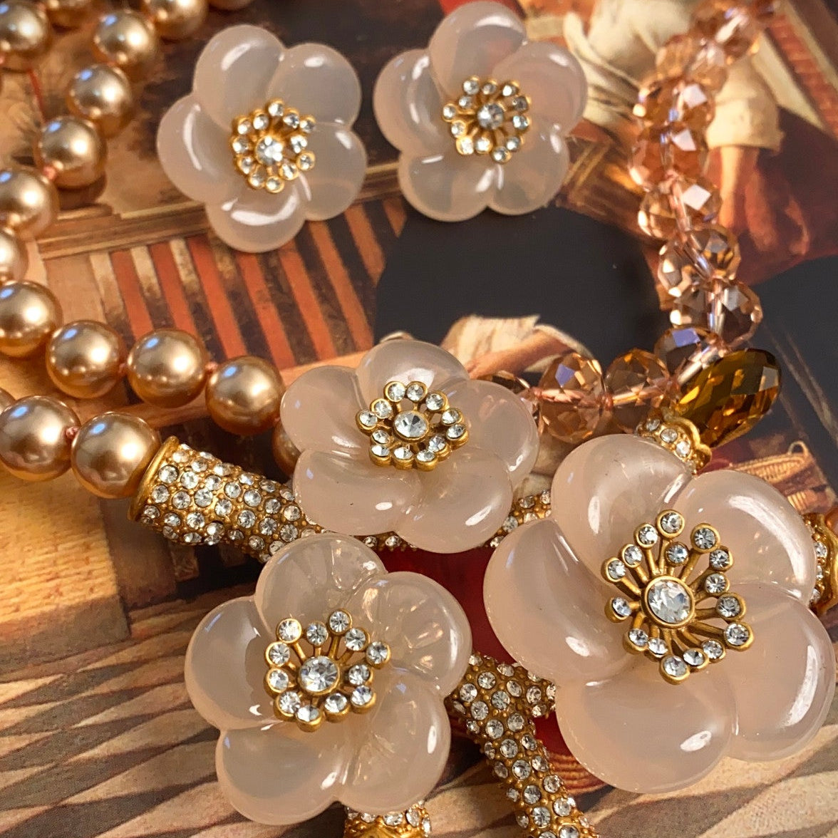 Vintage Champagne Camellia Pearl Statement Jewelry Set