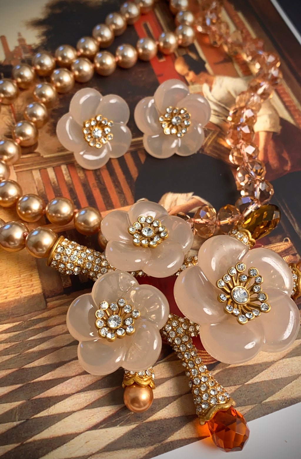 Vintage Champagne Camellia Pearl Statement Jewelry Set