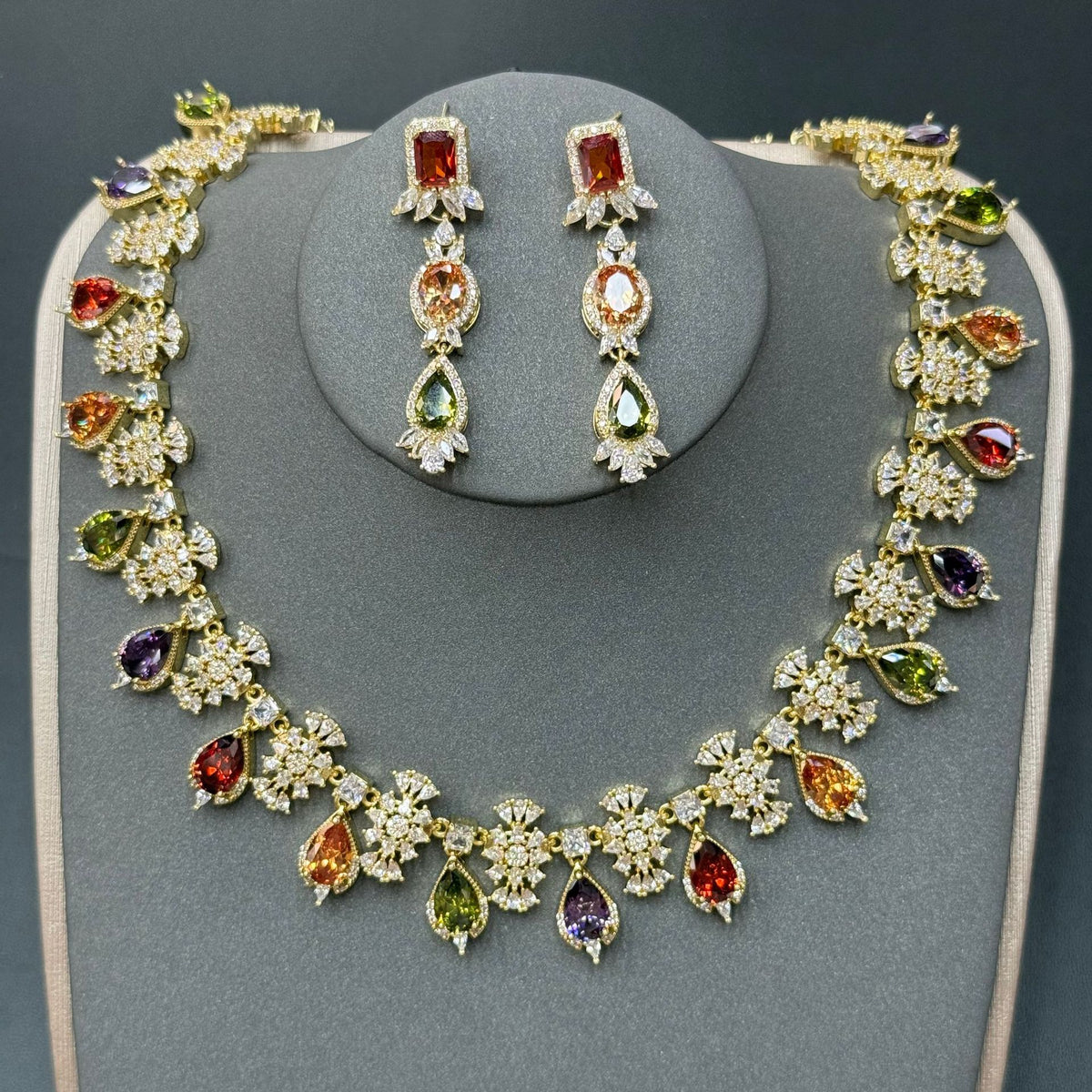 Pastel Gemstone-Tone Teardrop Garland Bridal Jewelry Set