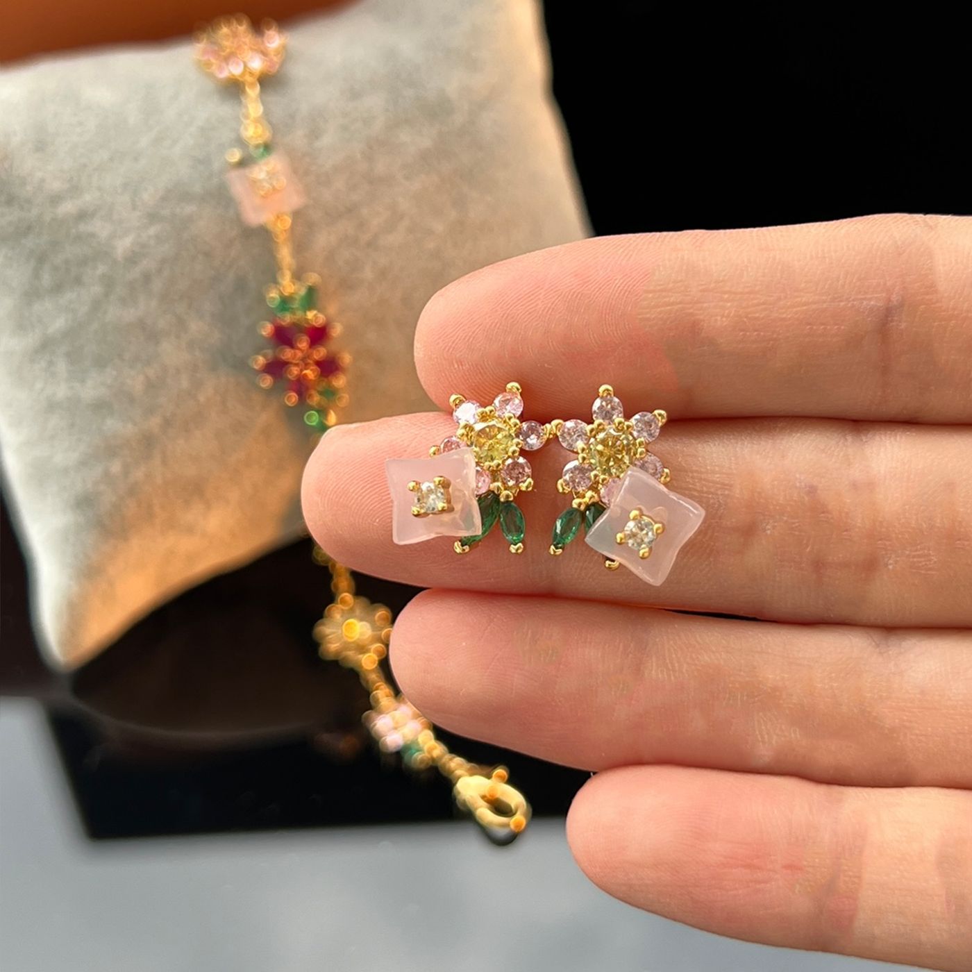 Delicate Floral Bracelet Stud Earrings Set