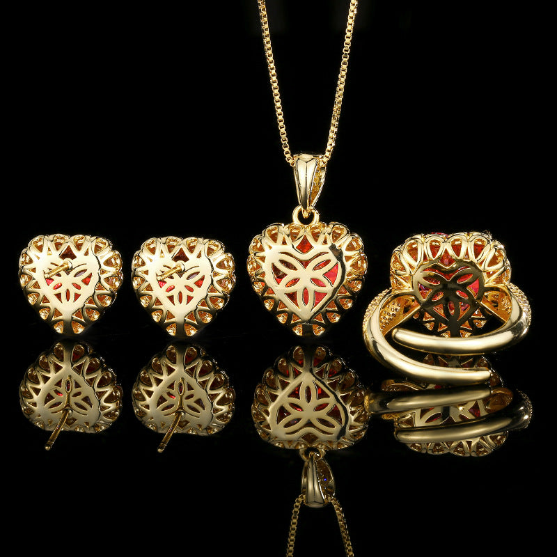 Ruby Red Heart Halo Jewelry Set