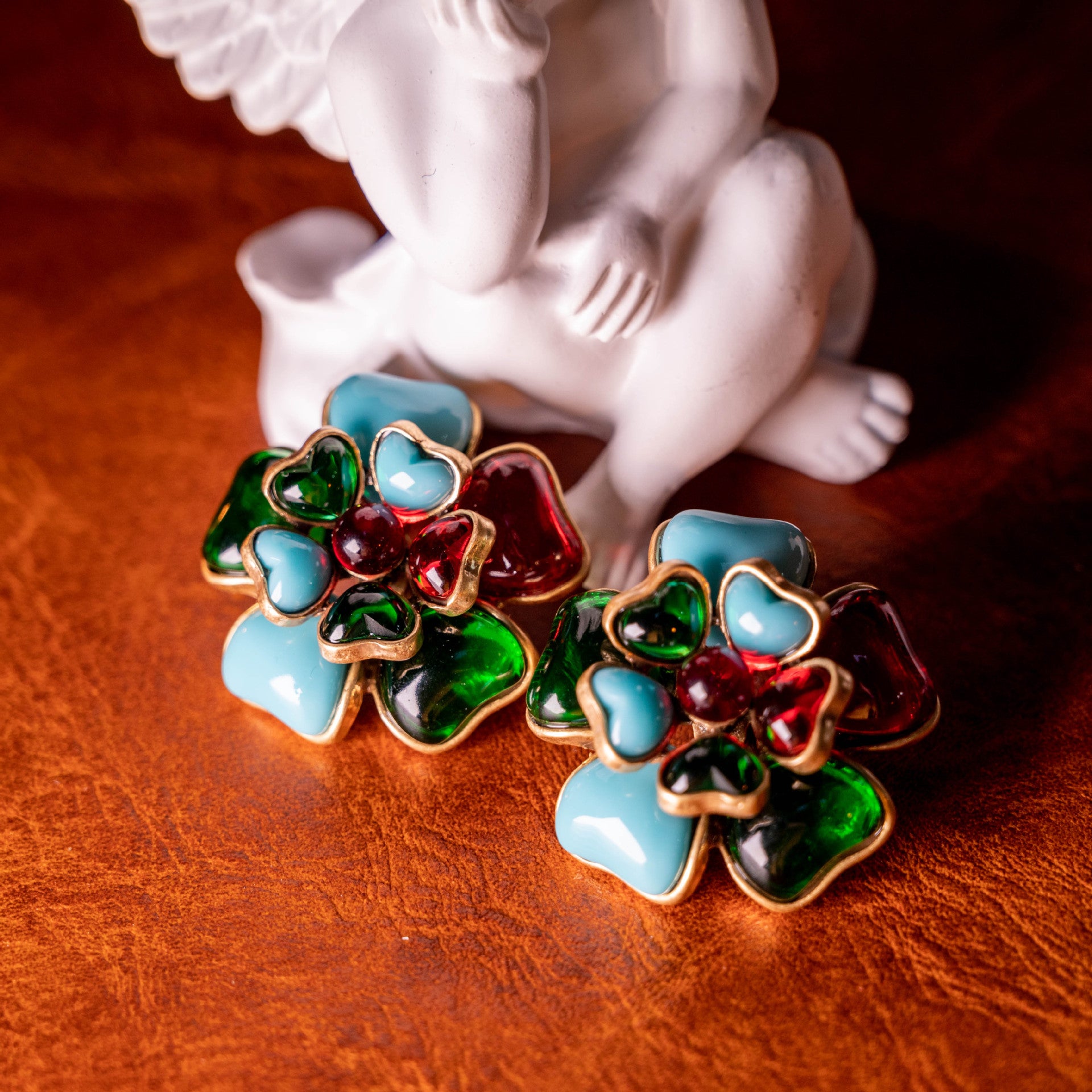 Vibrant Jardin Vintage Enamel Floral Statement Jewelry Suite