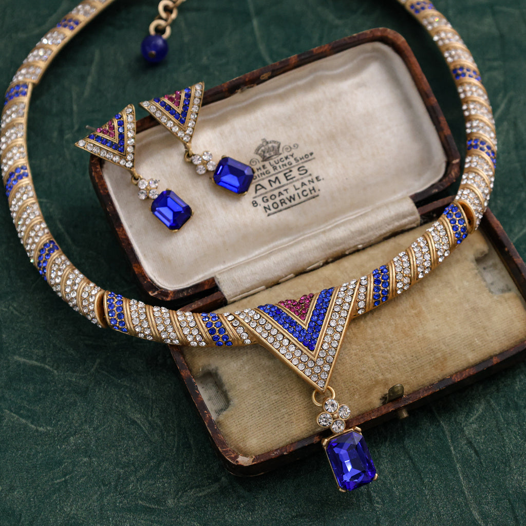 Egyptian Revival Sapphire Blue Chevron Evening Parure