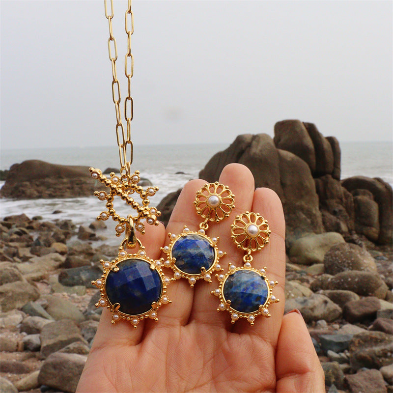 Natural Lapis Lazuli Sunburst Pearl Jewelry Set