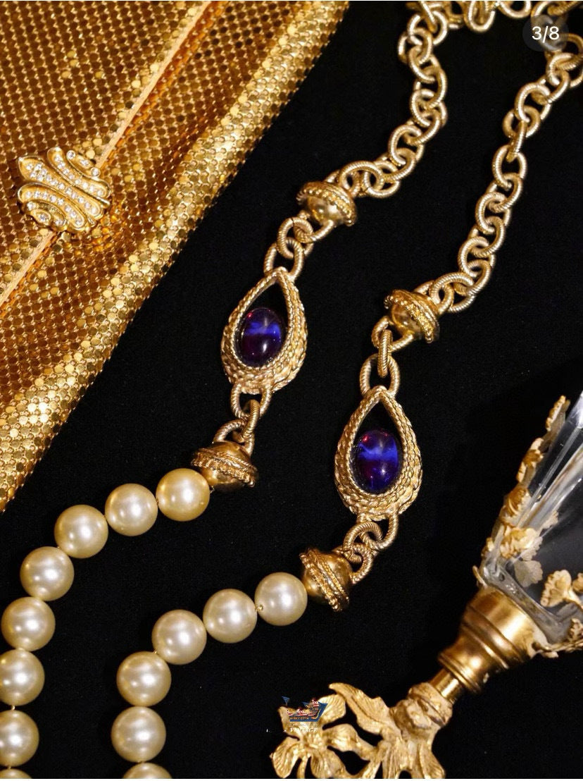 Vintage 22K Gold-Plated Pearl Long Necklace Earrings Ring