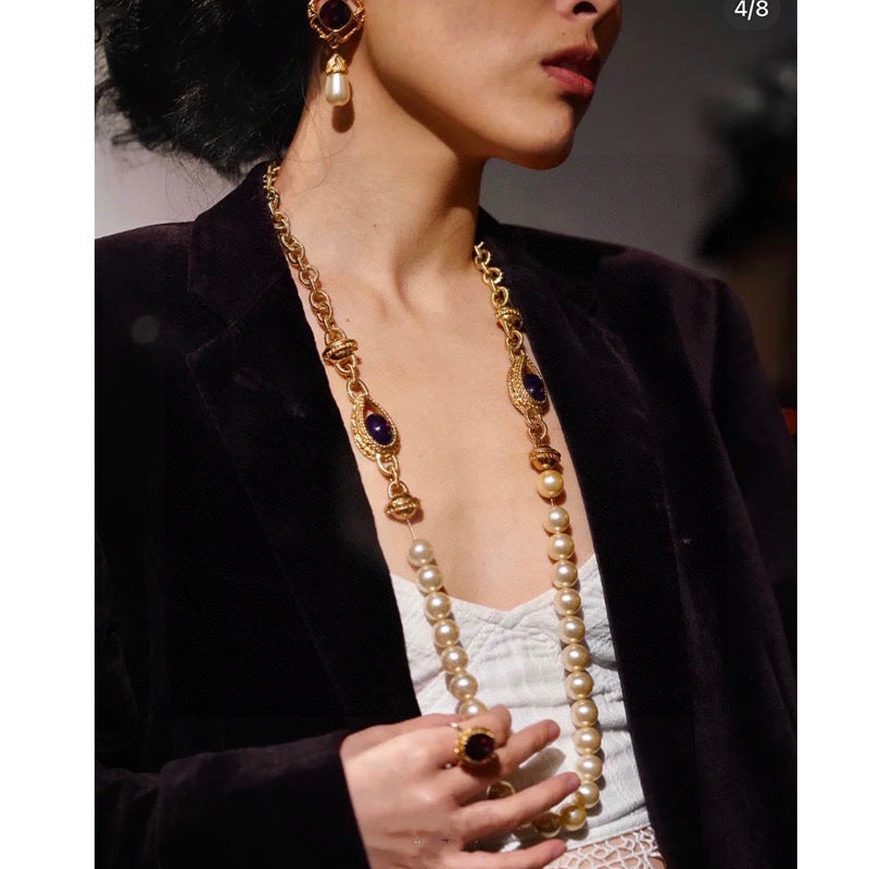 Vintage 22K Gold-Plated Pearl Long Necklace Earrings Ring