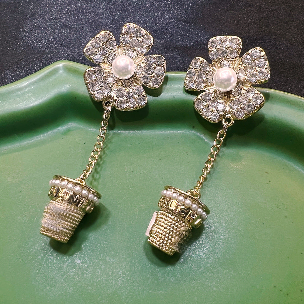 Whimsical Pavé Blossom Pot Pearl Jewelry Set