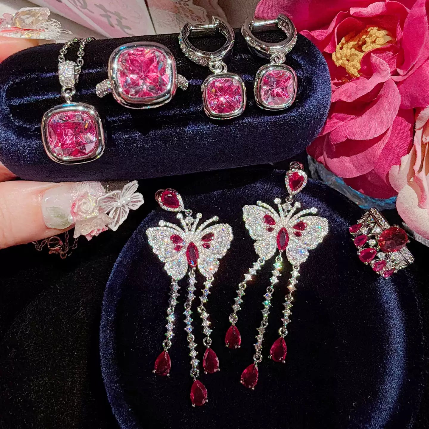 Modern Cushion Bezel Pink Jewelry Set Butterfly Cascade Drop Earrings
