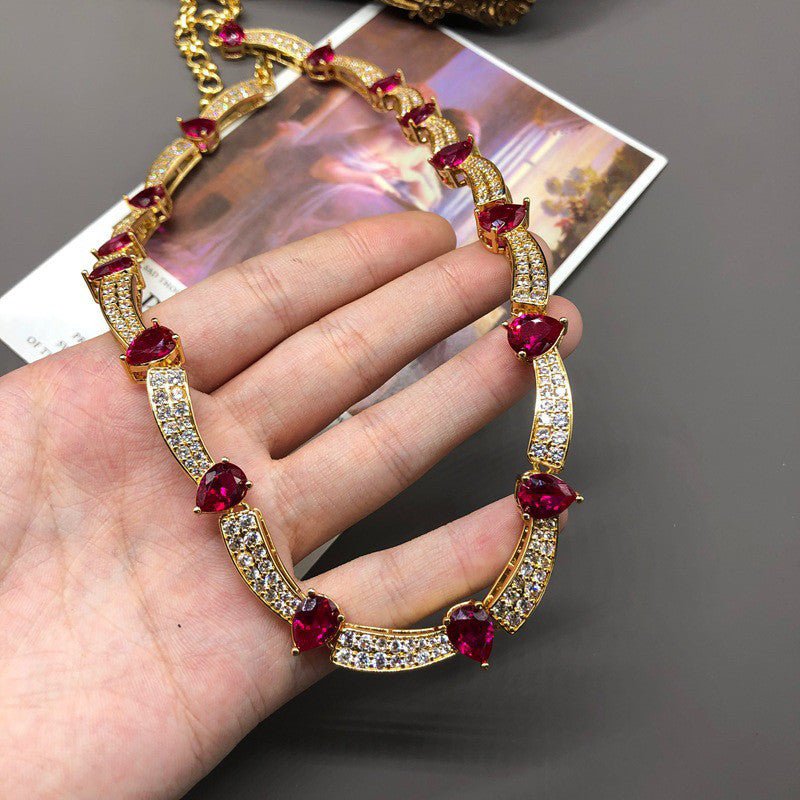 Mid-Century Ruby Red Curved Bar Collar Parure