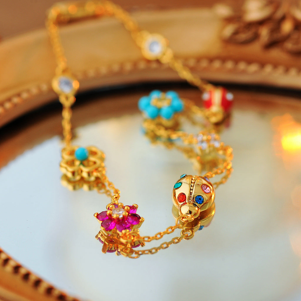 Dainty Ladybug Flower Necklace & Bracelet Set