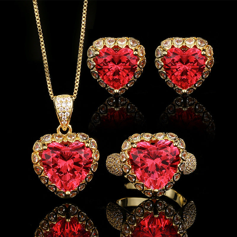 Ruby Red Heart Halo Jewelry Set