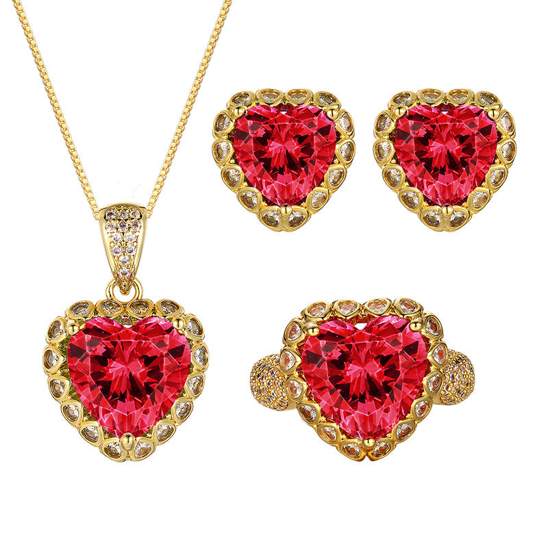 Ruby Red Heart Halo Jewelry Set