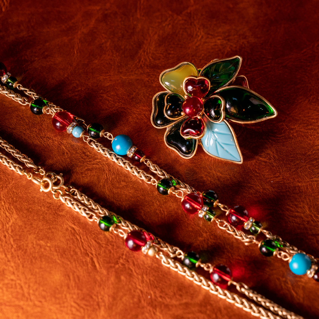 Vibrant Jardin Vintage Enamel Floral Statement Jewelry Suite
