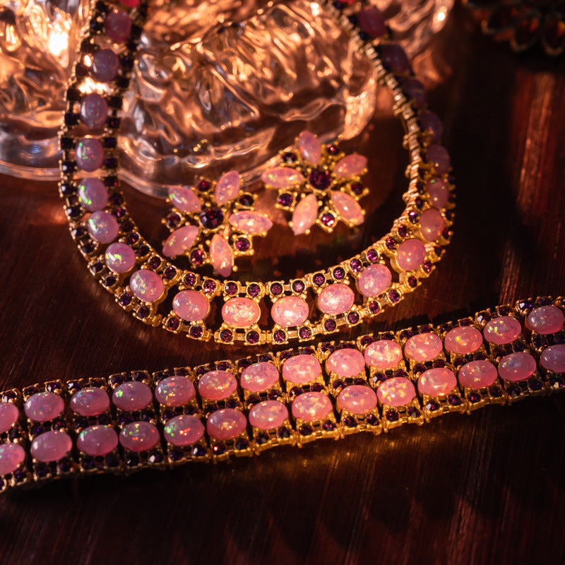 Vintage Handcrafted Pink Opaline Glass Necklace & Earrings Set