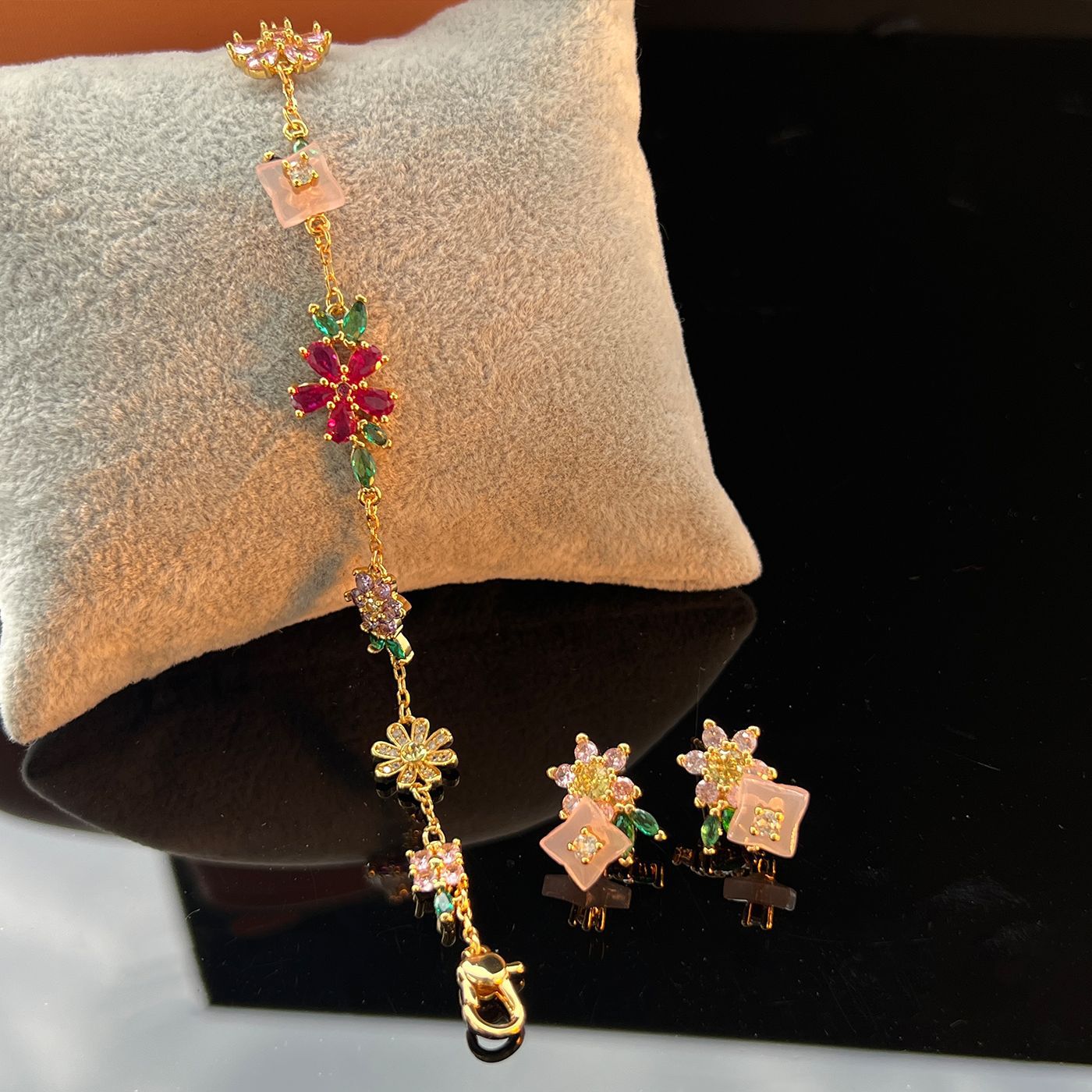 Delicate Floral Bracelet Stud Earrings Set