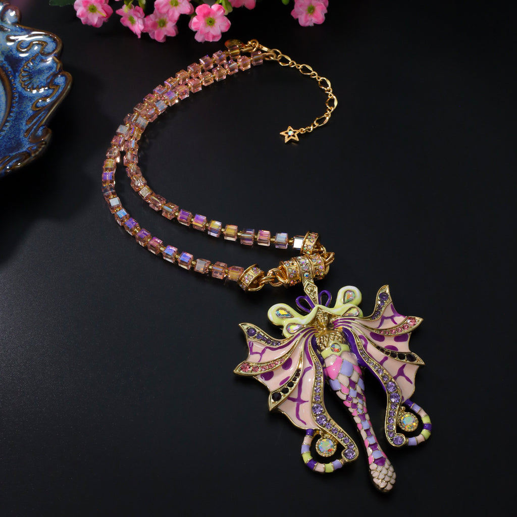 Vintage Pastel Butterfly Fairy Hand-Painted Enamel Pendant Necklace