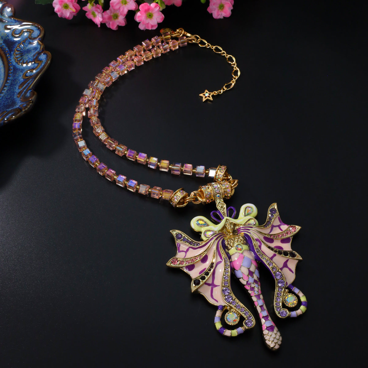 Vintage Pastel Butterfly Fairy Hand-Painted Enamel Pendant Necklace