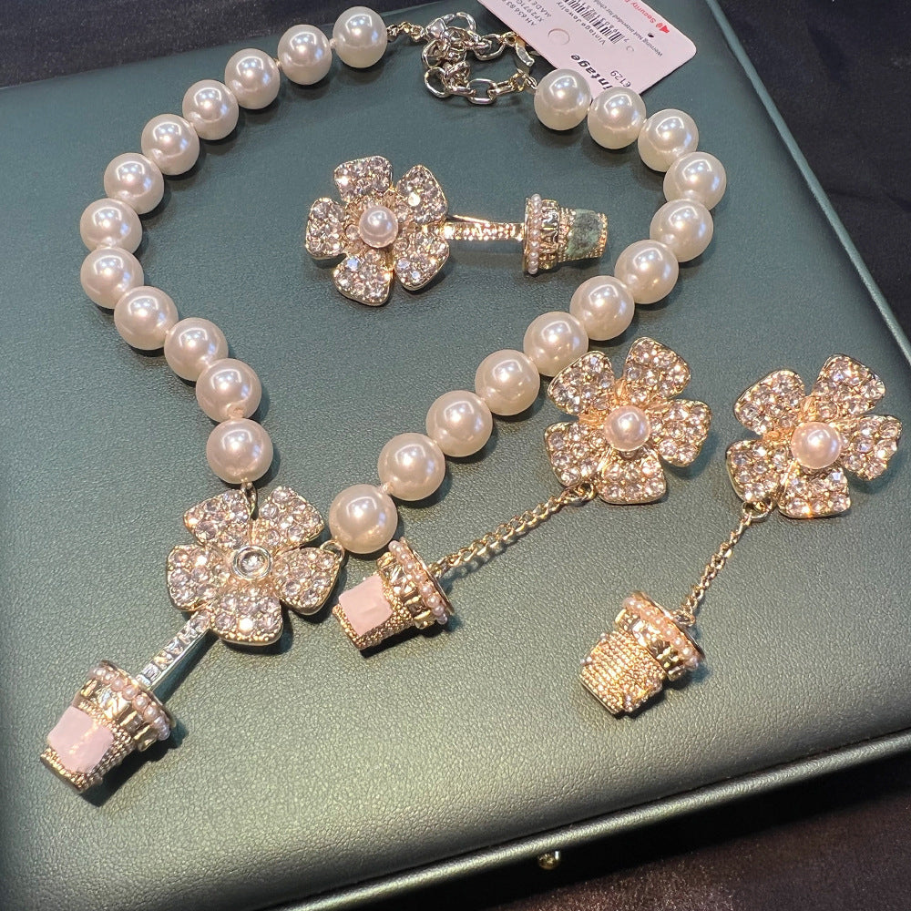 Whimsical Pavé Blossom Pot Pearl Jewelry Set