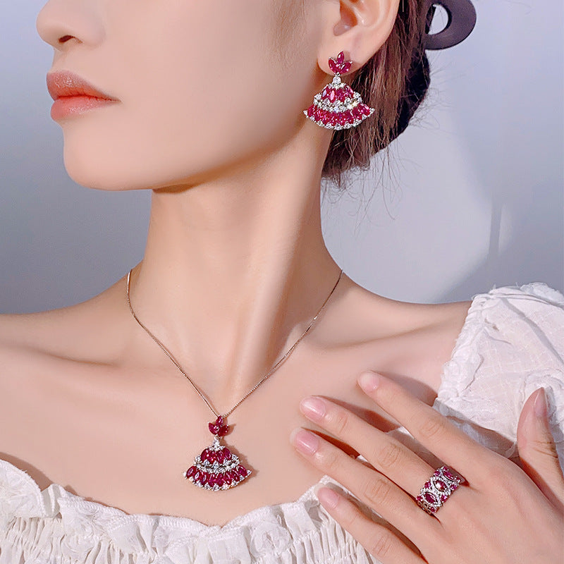 Ruby Red Deco Fan Set | Marquise Skirt 5A CZ Jewelry Set