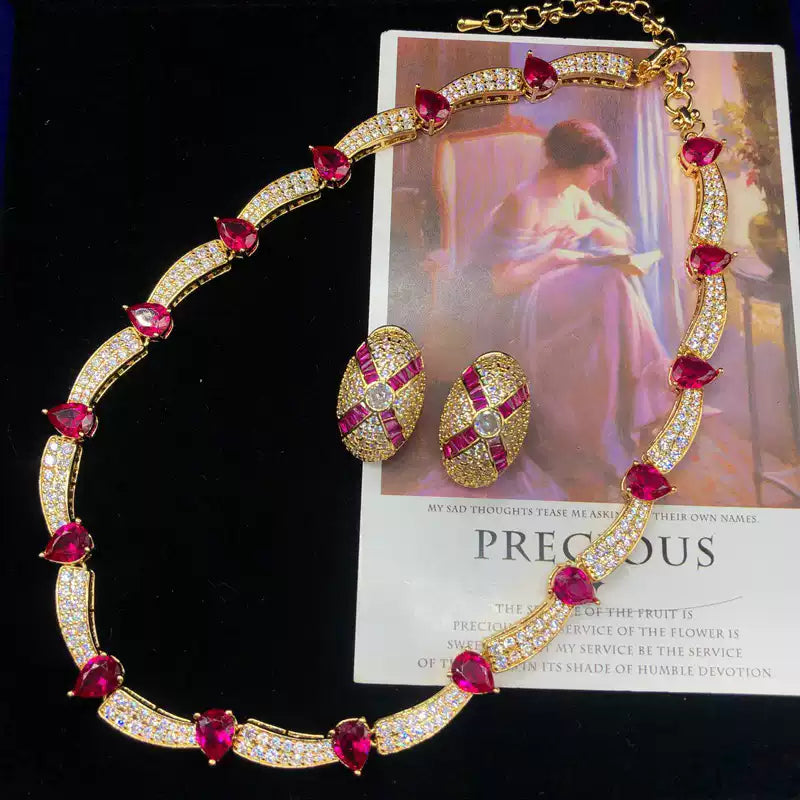 Mid-Century Ruby Red Curved Bar Collar Parure
