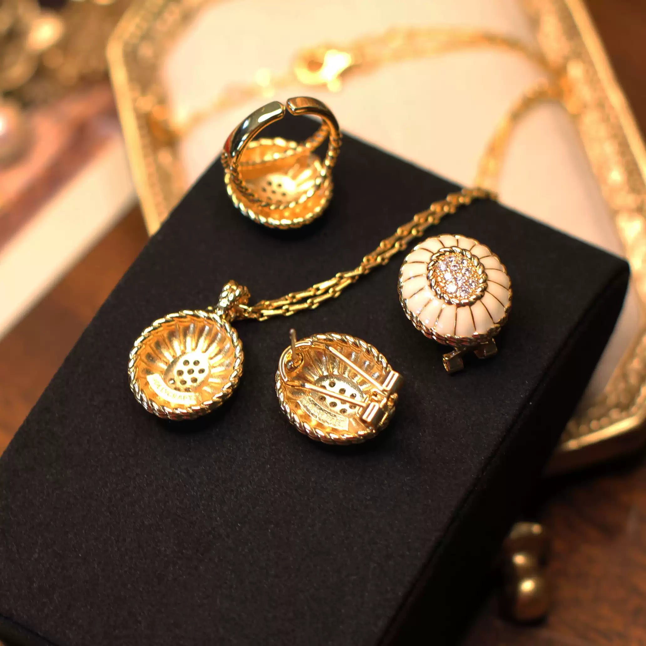Vintage Cream Enamel Pavé Jewelry Set