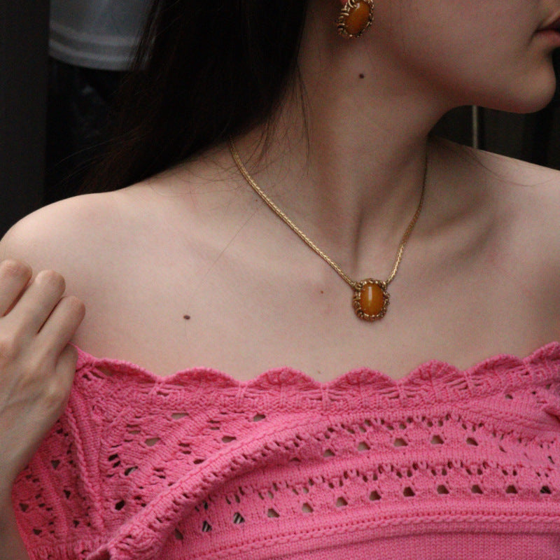 Vintage Natural Yellow Amber Necklace & Earrings Set