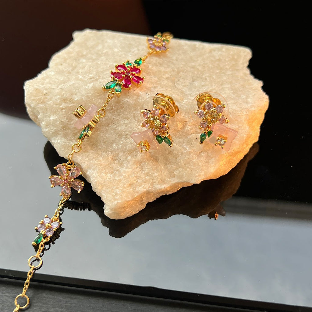 Delicate Floral Bracelet Stud Earrings Set