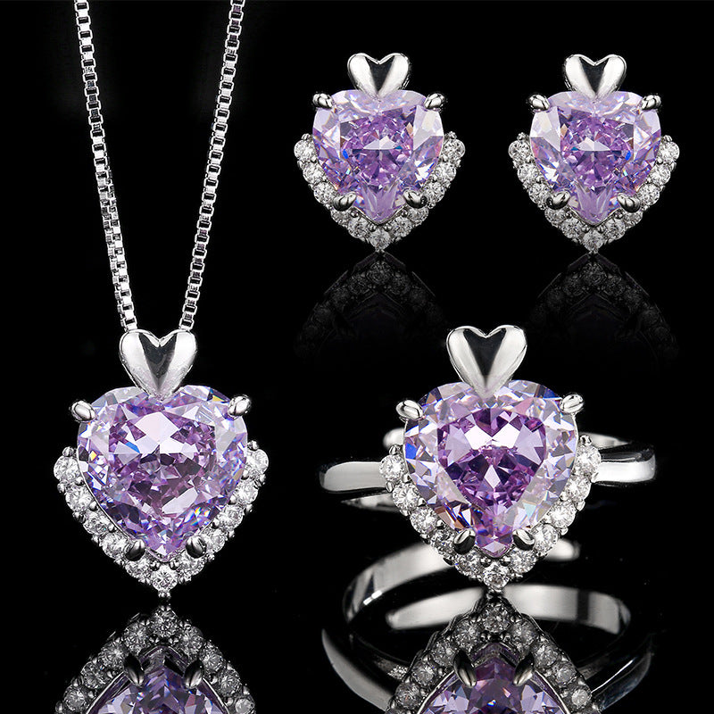 Lilac Purple Heart Jewelry Set| Heart-Cut 5A CZ Halo Design