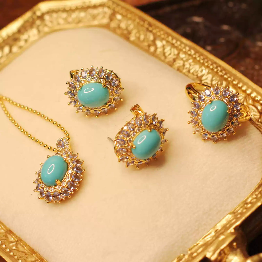 Vintage Turquoise-tone Starburst Halo Halo Jewelry Set