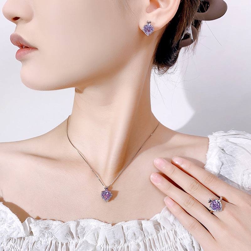 Lilac Purple Heart Jewelry Set| Heart-Cut 5A CZ Halo Design